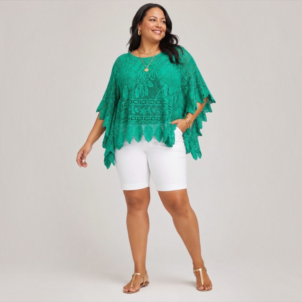 Chico's Crochet Lace Poncho Top L/XL Emerald Green Cotton OpenKnit Scalloped Hem